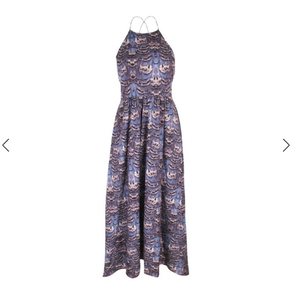 💜TIBI Feather Print Purple Halter Neck Maxi Dress with Open Tie Back